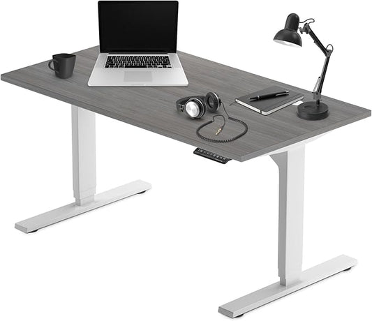 Progressive Desk Stand Up Height Adjustable Electric Standing Desk - 55" x 28" with Dual Motor, 3 Stages Sit Stand Table for Home Office - Gray Oak, White Frame