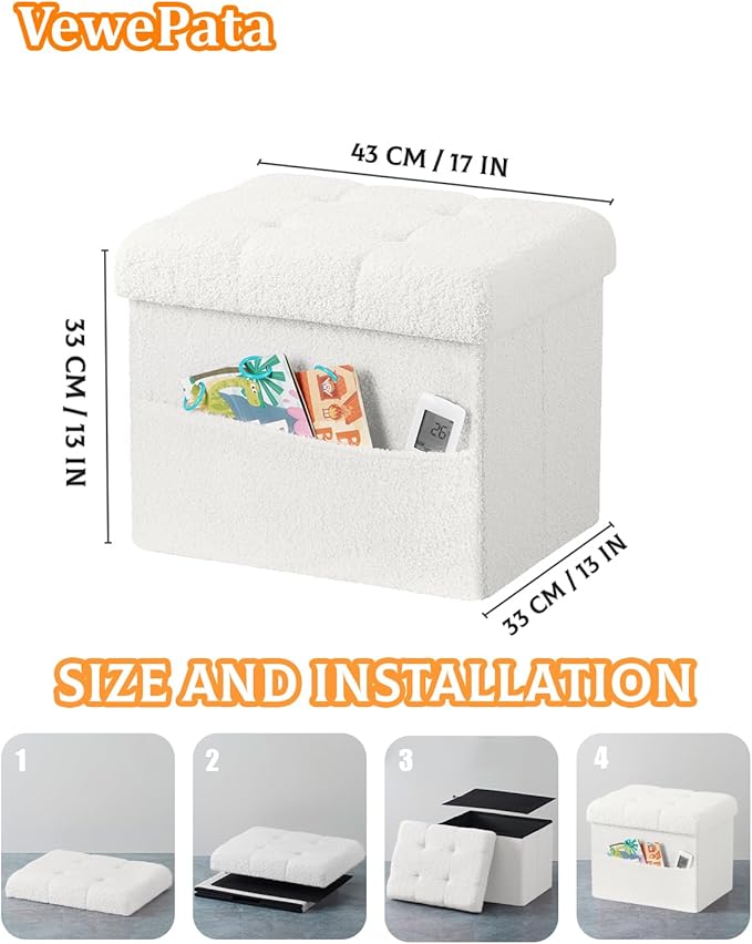 Storage Ottoman Foot Stool,Faux Teddy Tufted Foot Rest, Space Saver Chair with Storage,Ergonomic Stool for Bedroom/Living Room/Desk/Office (White, 17" D x 13" W x 13" H)