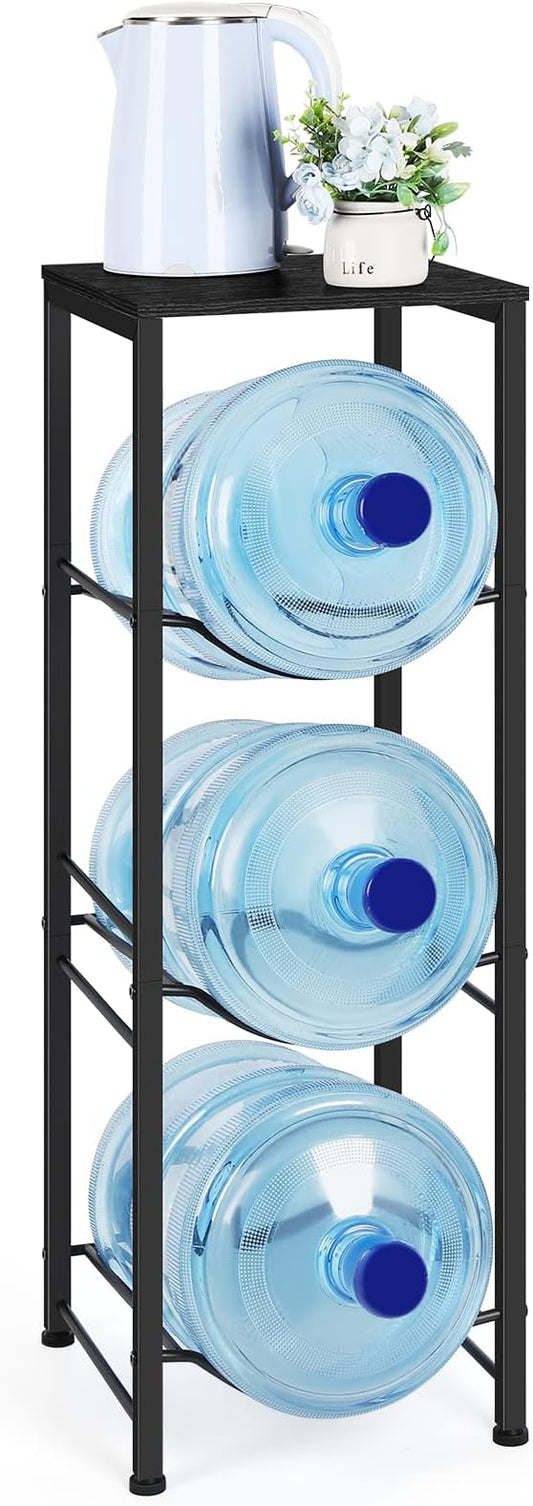 Water Bottle Holder Organizer 5 Gallon Water Jug Stand with Shelves, 3-Tier Water Bottle Dispenser Stand for Kitchen Living Room Office, Black