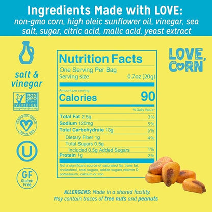 LOVE CORN Salt & Vinegar 0.7oz x 20 Bags - Delicious Crunchy Corn - Healthy Family Snacks - Gluten Free, Kosher, NON-GMO - Alternative for Chips, Nuts, Crackers & Pretzels - Perfect for Charcuterie Boards