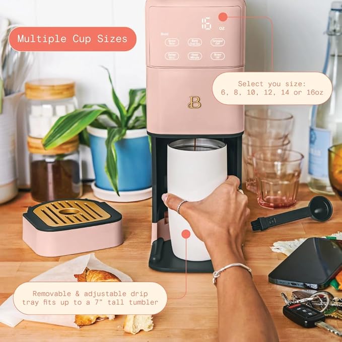 Beautiful Single Serve Coffee Maker with Built-In Burr Grinder, Hot or Iced, Pod-Free, 6 Brew Sizes, 3 Strengths, Touch Display, Reusable Filter, 64oz Reservoir, Slim Design (Rose)
