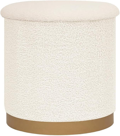 B FSOBEIIALEO Ottoman with Stroage, Round Boucle Storage Ottoman with Gold Plating Base,Foot Rest Stool for Dorm Room, Living Room White, 14.76"x14.76"x16.34"