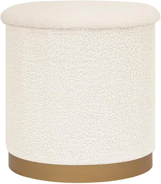 B FSOBEIIALEO Ottoman with Stroage, Round Boucle Storage Ottoman with Gold Plating Base,Foot Rest Stool for Dorm Room, Living Room White, 14.76"x14.76"x16.34"