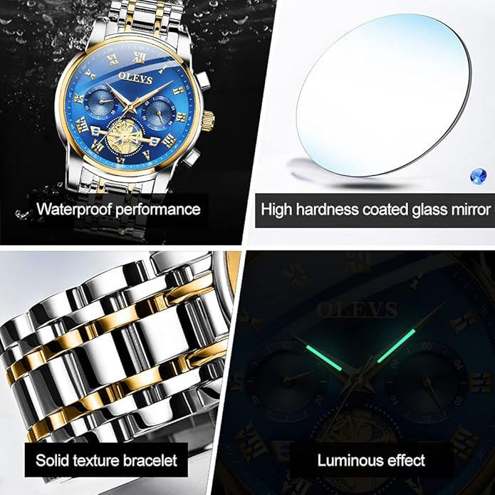 OLEVS Mens Watches Fashion Casual Analog Quartz Watch Waterproof Dress Wrist Watches with Stainless Steel Band Day Window for Men (Band with Gold Blue dial)