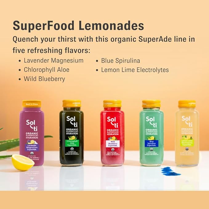 Organic SuperAde Hydration Drink, Digestive Health + Balanced Mood, SuperFood Lemonade by Sol-ti, Cold-Pressed Lavender, Magnesium, & Lemon Juice Blend,16 Pack (14.9 Fl oz)