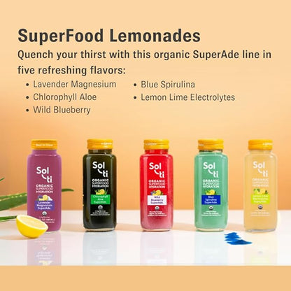 Organic SuperAde Hydration Drink, Digestive Health + Balanced Mood, SuperFood Lemonade by Sol-ti, Cold-Pressed Lavender, Magnesium, & Lemon Juice Blend,16 Pack (14.9 Fl oz)