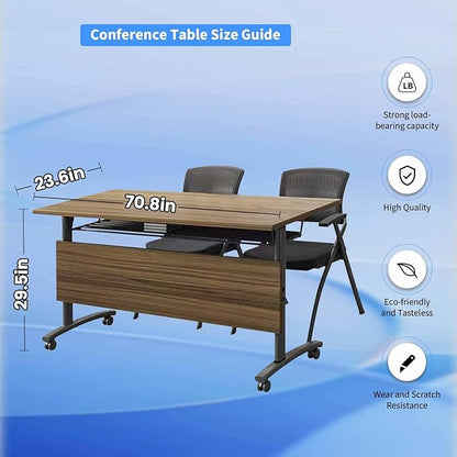 Conference Room Tables,70" Folding Conference Tables/Podcast Tables for 8-10 People,Modern Office Seminar Table,Mobile Meeting Table for Office Modular Training Tabless (Walnut, 8 Pack)