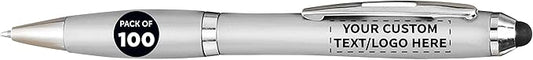 DISCOUNT PROMOS Custom Plastic Stylus Pens Set of 100, Personalized Bulk Pack - Black Ink, Great for Office, School, Business, Tradeshows, Events - Silver