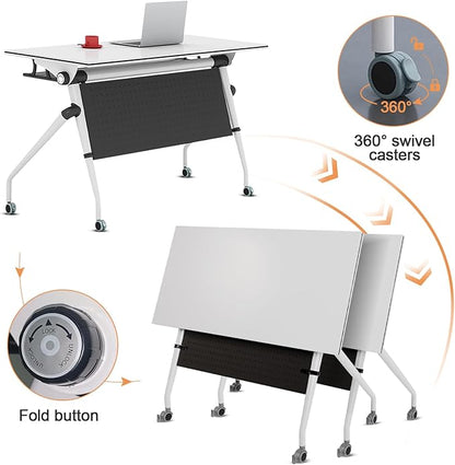 Conference Room Table, 55 Inch Folding Conference Tables with Wheels, Modern Office Meeting Table, Easy Flip & Nest Design, Rectangular Seminar Tables with Metal Frame for 2-24 People(H 8PCS)