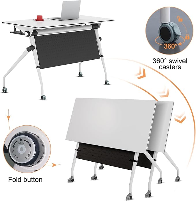 Conference Room Table, 55 Inch Folding Conference Tables with Wheels, Modern Office Meeting Table, Easy Flip & Nest Design, Rectangular Seminar Tables with Metal Frame for 2-24 People(H 6PCS)