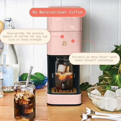 Beautiful Single Serve Coffee Maker with Built-In Burr Grinder, Hot or Iced, Pod-Free, 6 Brew Sizes, 3 Strengths, Touch Display, Reusable Filter, 64oz Reservoir, Slim Design (Rose)