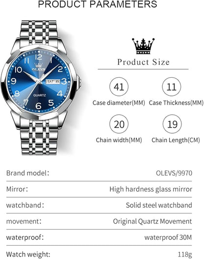 OLEVS Watch for Men Luxury Dress Analog Quartz Stainless Steel Waterproof Luminous Date Diamond Business Two Tone Casual Wrist Watch