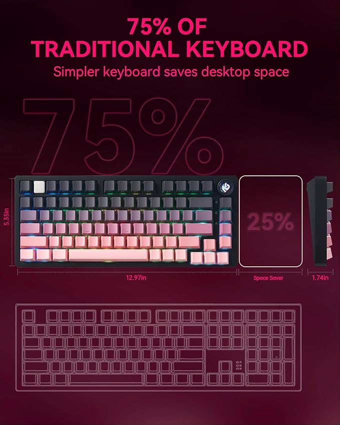 LEOBOG Wireless Mechanical Keyboard,75% Gasket Hot Swappable Custom Keyboard with Knob, 2.4GHz/USB-C/BT5.0 Mechanical Gaming Keyboards for PC/MAC/Windows - Seiya Switch, Black Pink (HI75C Pro)