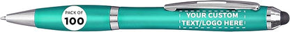DISCOUNT PROMOS Custom Plastic Stylus Pens Set of 100, Personalized Bulk Pack - Black Ink, Great for Office, School, Business, Tradeshows, Events - Teal