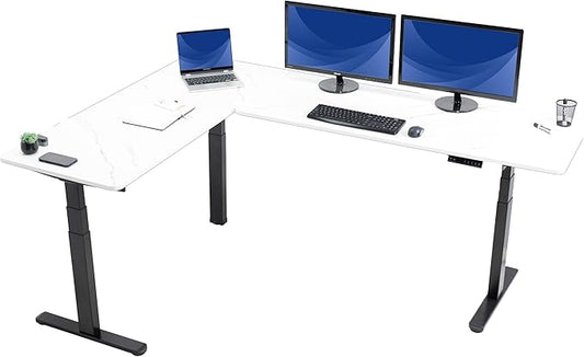 VIVO Electric Height Adjustable 83 x 60 inch Corner Stand Up Desk, 2 White Marble Dry Erase Solid Table Tops, Black Frame, Memory Controller, L-Shaped Workstation, 3E Series, DESK-KIT-3E8BWM
