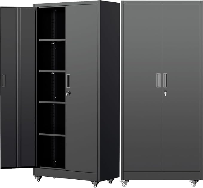 Pataku 73" Metal Storage Cabinet with Wheels, Garage Storage Cabinet with 4 Adjustable Shelves & Lockable Doors for Garage Home Office, Heavy Duty Tool Cabinets