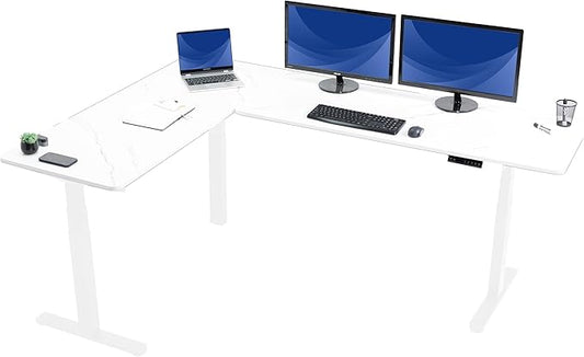 VIVO Electric Height Adjustable 83 x 60 inch Corner Stand Up Desk, 2 White Marble Dry Erase Solid Table Tops, White Frame, Memory Controller, L-Shaped Workstation, 3E Series, DESK-KIT-3E8WWM