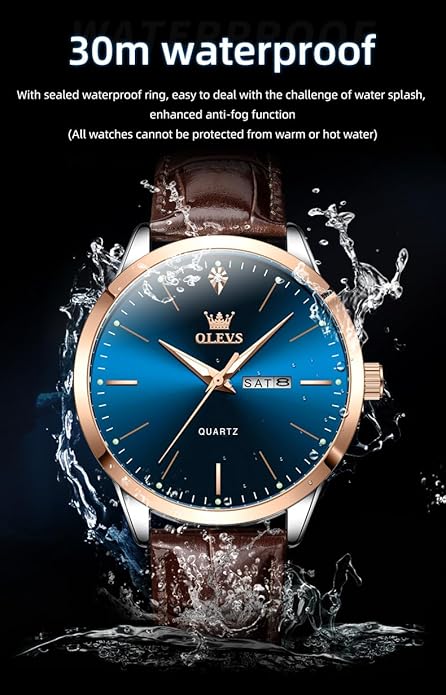 OLEVS Mens Watches Vintage Leather Band Dress Classic Easy Reader Arabic Numerals Analog Quartz Waterproof Date and Day Blue/Black/White Large Face Men's Wrist Watches