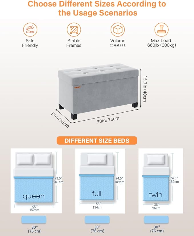 Foldable Storage Ottoman Bench, Velvet Footrest and Seat Cube with Feet, Storage Chest, for Living Room, Bedroom and Office, 15 x 30 x 15.7 Inches, Dove Gray,ASND23G