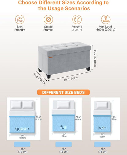 Foldable Storage Ottoman Bench, Velvet Footrest and Seat Cube with Feet, Storage Chest, for Living Room, Bedroom and Office, 15 x 30 x 15.7 Inches, Dove Gray,ASND23G