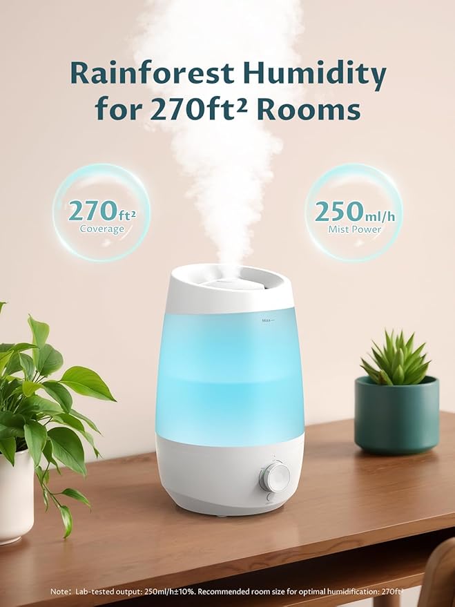 BREEZOME Humidifiers for Bedroom, 2.5L Humidifiers for Home, 250ml/h Mist Output, 7 Adjustable LED,25hrs Essential Oil Diffuser, 25dB Top Fill Ultrasonic Humidifier for Baby and Indoor Plants, White