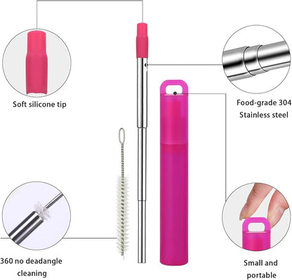NAIVELY-Metal Reusable Straws, 2 Pack Collapsible Portable Stainless Steel Straws, with Plastic Housing Silicone Tips and Cleaning Brush, Retractable Portable Pocket Drinking Straws