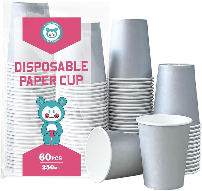 Silver Disposable Paper Cups,60pcs Paper Cups For DIY Wedding Party Picnic BBQ Travel and Event 8OZ (Silver)