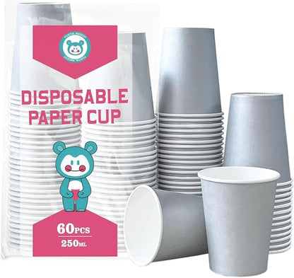 Silver Disposable Paper Cups,60pcs Paper Cups For DIY Wedding Party Picnic BBQ Travel and Event 8OZ (Silver)