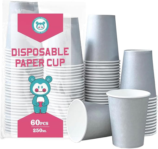 Silver Disposable Paper Cups,60pcs Paper Cups For DIY Wedding Party Picnic BBQ Travel and Event 8OZ (Silver)