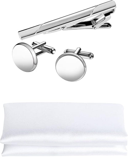 TIE G 5pcs Tie Set in WHITE OR BLACK GIFT BOX: Solid Color Necktie, Satin Bow Tie, Pocket Square, Lapel, Cuff Links