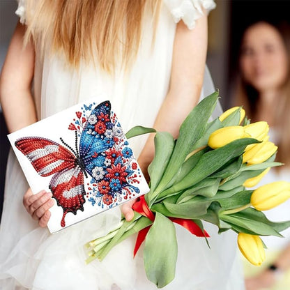 6PCS Diamond Art Painting Greeting Card Set, US Flag Butterfly Pattern DIY Cards with Envelopes for Xmas Birthdays Special Occasion Blessing
