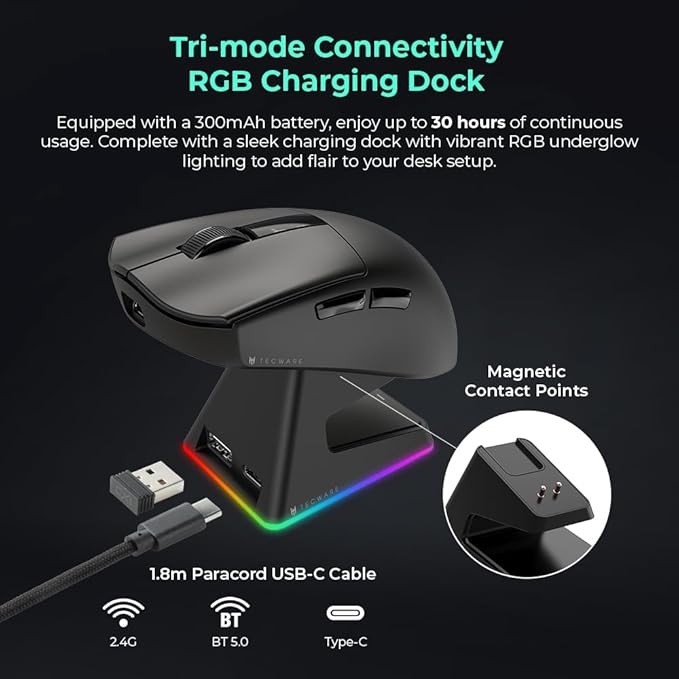 TECWARE EX1 Lightweight Gaming Mouse, 26K DPI Wireless Mouse, OLED Screen Display, 59g Lightweight, RGB Charging Dock, Tri-Mode Connectivity, Comes with PTFE Feet and Grip Tape, Gaming Mouse (Black)