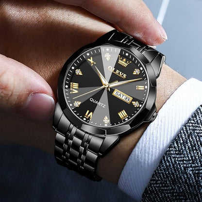 OLEVS Mens Watch Stainless Steel Analog Quartz Watches for Men Day Date Easy Read Diamond Waterproof Dress Luxury Classic Casual Big Face Blue/Black/Gold/Silver Roman Arabic Numerals Men's Wrist Watch