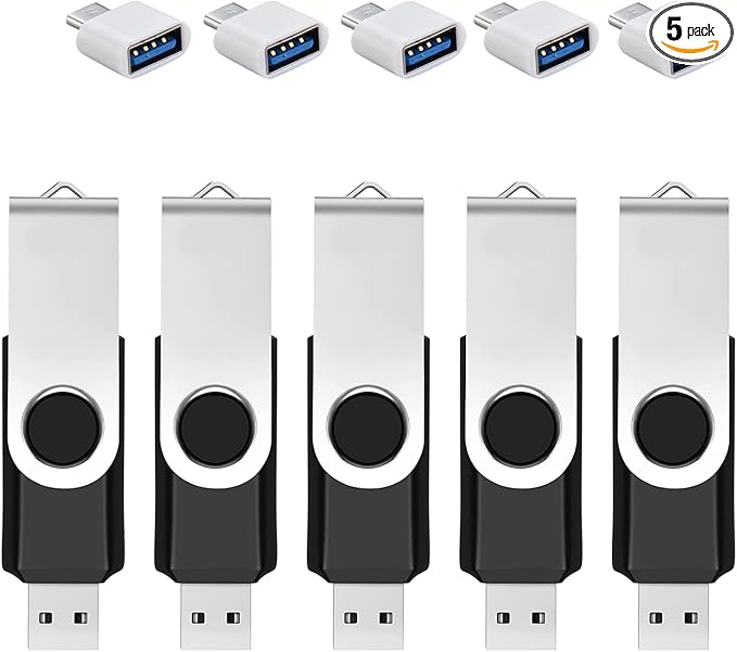 5 Pack 128GB USB Flash Drive with Type C Adapter and Storage Box USB 2.0 High Speed Metal Pen Drive 360° Rotatable Storage Memory Stick for Phone/Pad/PC/Laptop/Android - Black(5-Pack 128GB)