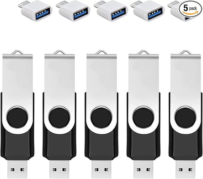 5 Pack 128GB USB Flash Drive with Type C Adapter and Storage Box USB 2.0 High Speed Metal Pen Drive 360° Rotatable Storage Memory Stick for Phone/Pad/PC/Laptop/Android - Black(5-Pack 128GB)