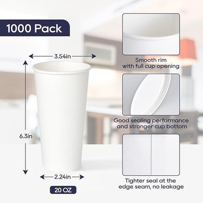LITOPAK 1000 pack Paper Cup Disposable 20 oz, Bulk White Paper Cups, Hot Paper Coffee Cups for Offices, Schools, Shops, Restaurants