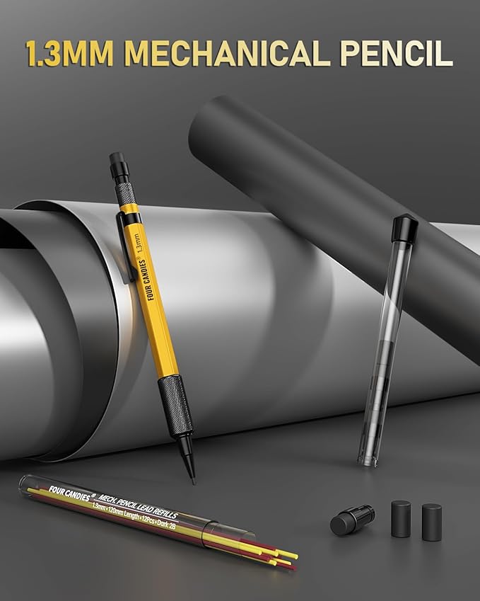 Four Candies 1.3mm Mechanical Pencil Set — Heavy Duty Carpenter Pencil with Lead Refills & Eraser
