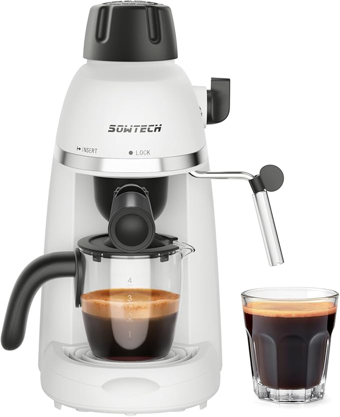 SOWTECH Coffee Machine, 3.5 Bar Espresso Cappuccino Machine with Milk Frother, 1-4 Cup Portable Coffee Maker for Latte, Cappuccino, 800W, White