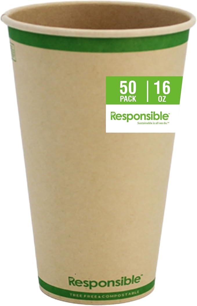 Responsible Products Certified Compostable 16 oz Paper Cups, Cold ＆ Hot Coffee Cups, Disposable Paper Cups, Extra Strength Disposable Cups, Made without PFAS (50 count)