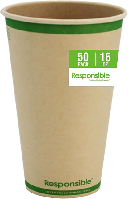 Responsible Products Certified Compostable 16 oz Paper Cups, Cold ＆ Hot Coffee Cups, Disposable Paper Cups, Extra Strength Disposable Cups, Made without PFAS (50 count)