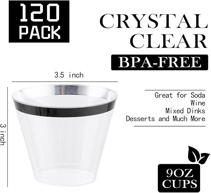 WELLIFE 120 PCS Black Plastic Cups,9 oz Clear Cups for Party and Wedding,Disposable Cocktail Glasses,Plastic Wine Glasses Disposable