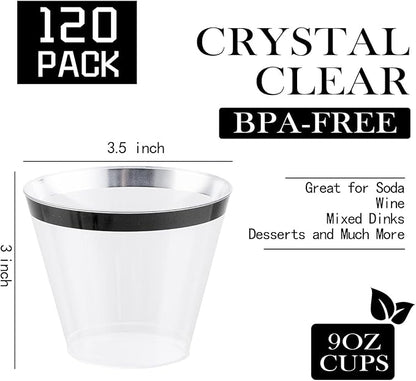 WELLIFE 120 PCS Black Plastic Cups,9 oz Clear Cups for Party and Wedding,Disposable Cocktail Glasses,Plastic Wine Glasses Disposable