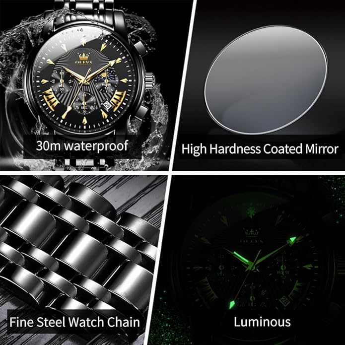 OLEVS Men's Luxury Watch Waterproof Luminous Easy Read Chronograph Watches Full Gold/White Dail/Black Face with Calendar Wristwatch