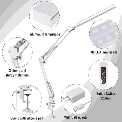 LED Desk Lamp for Home Office, Clamp-On with 3 Light Modes | 14W Adjustable Brightness 5000K Eye-Caring Lighting for Study/Bedroom/Computer Desk (White)