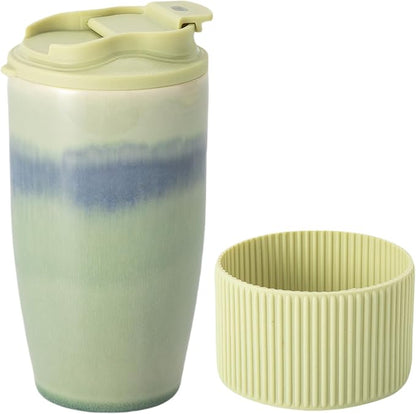 Ceramic Travel Coffee Mug with Polypropylene Lid and Insulated Sleeve, 16 oz, Portable Coffee Cup for Car Cup Holder, Transmutation Glaze Microwave and Dishwasher Safe(Light Green)