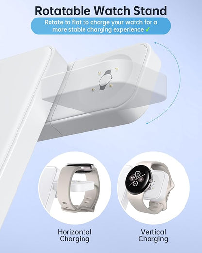 Upgraded Foldable 3 in 1 Wireless Charger for Pixel Watch 3/2 (Not for Pixel Watch 4/1), Fast Charger Stand for Pixel 10 Pro XL/9 Pro XL/9/8/7 Pro/8a/6 Pro & Buds, Charging Station with Adapter, White