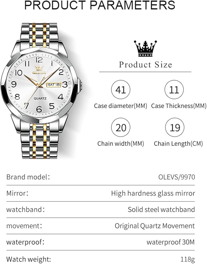 OLEVS Watch for Men Luxury Dress Analog Quartz Stainless Steel Waterproof Luminous Date Diamond Business Two Tone Casual Wrist Watch