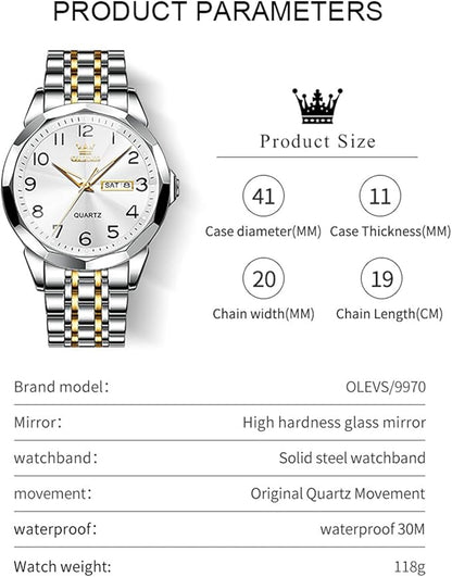 OLEVS Watch for Men Luxury Dress Analog Quartz Stainless Steel Waterproof Luminous Date Diamond Business Two Tone Casual Wrist Watch
