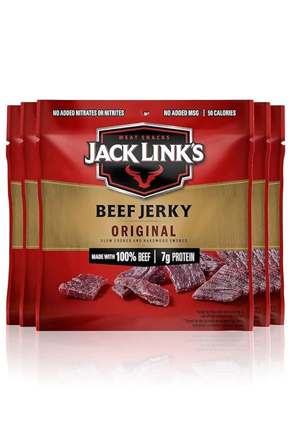 Jack Link's Beef Jerky, Original, Multipack Bags - Flavorful Meat Protein Snacks for Lunches, Great Stocking Stuffers, Individual Packs - 7g of Protein, Made with 100% Beef - 0.625 oz (Pack of 5)