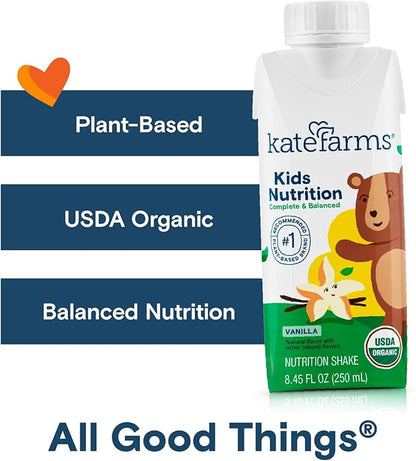 KATE FARMS Organic Kids Nutrition Vanilla Shake, 8g Protein, 27 Vitamins and Minerals, Meal Replacement, Gluten Free, Non-GMO, 8.45 oz (6 Pack)